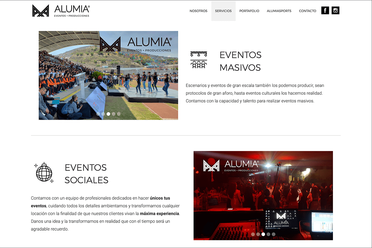 Diseño web ALUMIA eventos y producciones